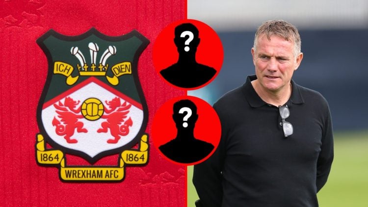 The official club badge of Wrexham AFC on a home shirt. Wrexham boss Phil Parkinson looks on against Barrow.
