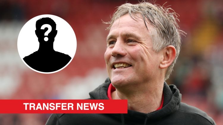 Wrexham boss Phil Parkinson smiling. Inset, a mystery player icon and red banner reading 'transfer news' in white text.