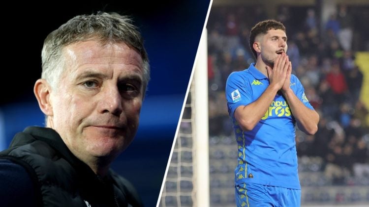 A split image of Wrexham boss Phil Parkinson looking on against Huddersfield Town (L) and Empoli defender Liberato Cacace