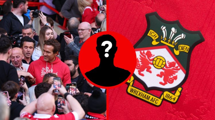 Fans of Wrexham celebrate with Rob McElhenney and Ryan Reynolds. Wrexham badge on a red home shirt.