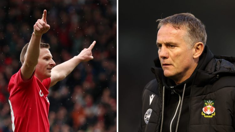 Paul Mullin during Wrexham v Notts County - Vanarama National League. Phil Parkinson looks dejected following Harrogate Town v Wrexham AFC in the E...