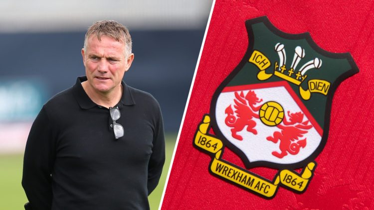 A split image of Wrexham boss Phil Parkinson looking on against Barrow (L) and the Wrexham badge on a red shirt (R)