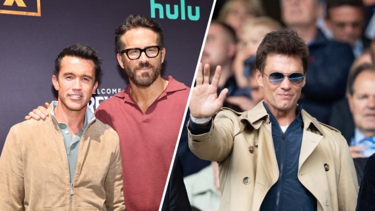 A split image of Wrexham co-chairmen Rob McElhenney and Ryan Reynolds (L), and Birmingham City's Tom Brady (R)