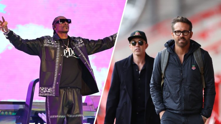 A split image of rapper Snoop Dogg performing in New York (L) and Wrexham co-chairmen Rob McElhenney and Ryan Reynolds
