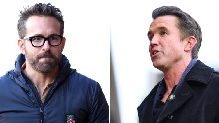 Ryan Reynolds looks on during the Vanarama National League match between Wrexham and Notts County. Rob McElhenney ahead of Wrexham AFC v Charlton A...