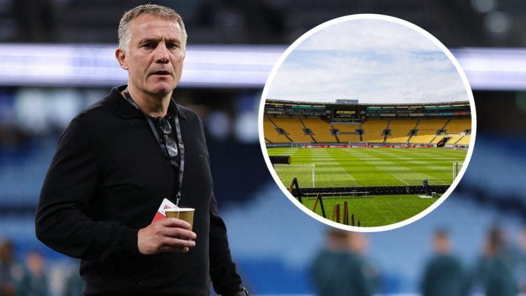 Wrexham manager Phil Parkinson before the game against Sydney FC. Inset, a picture of Wellington Phoenix's Sky Stadium.