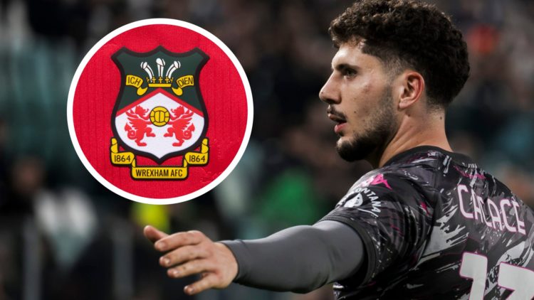 Empoli full-back Liberato Cacace in action. Inset a picture of the official club badge of Wrexham AFC.
