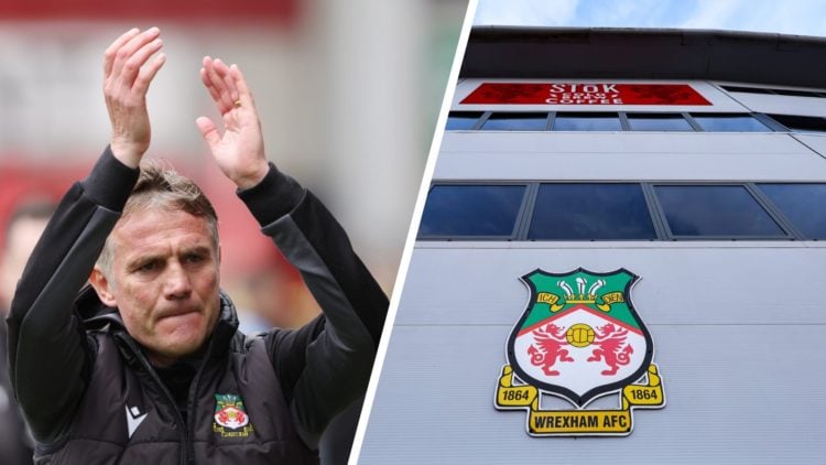 Phil Parkinson during Wrexham v Stockport County - Vanarama National League. An exterior view of the Racecourse Ground during Wrexham v Wolverhampt...