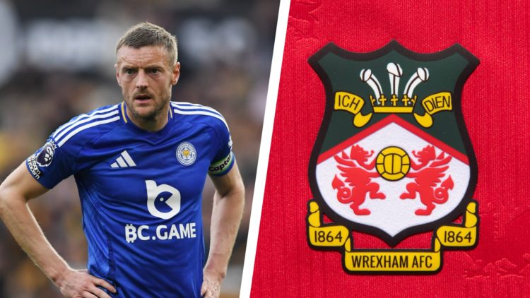 Split image of Leicester City striker Jamie Vardy during a Premier League match against Wolves, and the official club badge of Wrexham AFC.