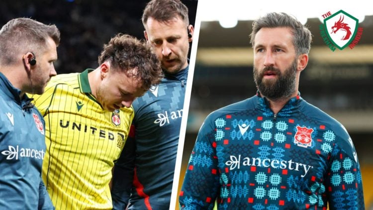 Split image of Wrexham player Ollie Rathbone walking off the pitch with an injury, and Wrexham striker Ollie Palmer before a match.