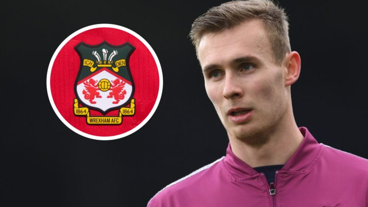 Cardiff City player Sivert Mannsverk before a Championship game. Inset a picture of the official club badge of Wrexham AFC.