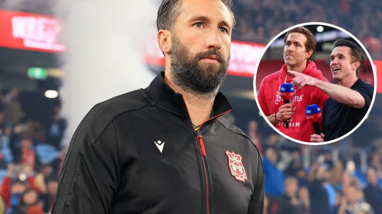 Ollie Palmer before the match between Wrexham AFC and Sydney FC. Ryan Reynolds and Rob McElhenney co co-owners of Wrexham.