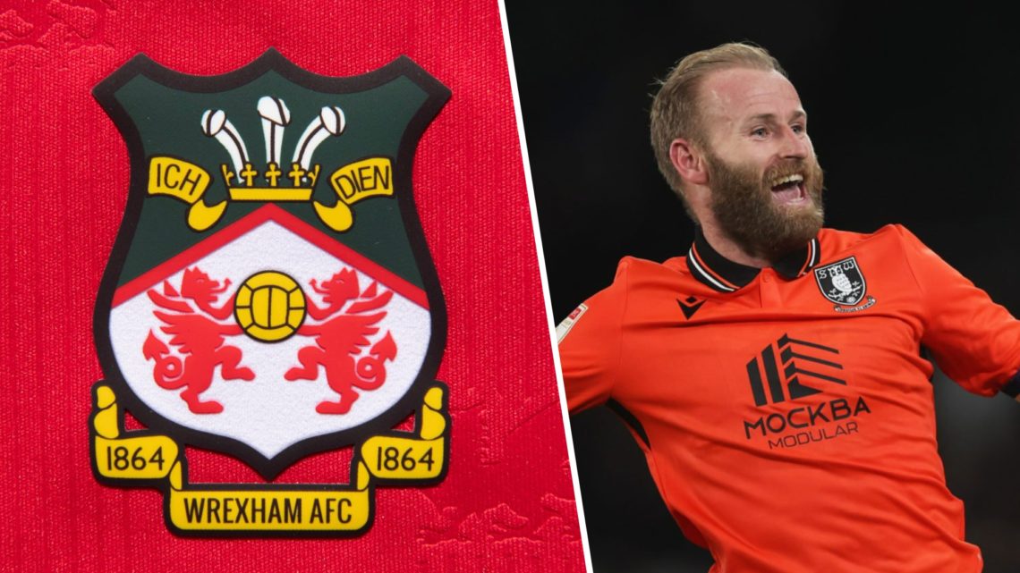 Split image of the official club badge of Wrexham AFC on a home shirt, and Barry Bannan celebrating a goal for Sheffield Wednesday.
