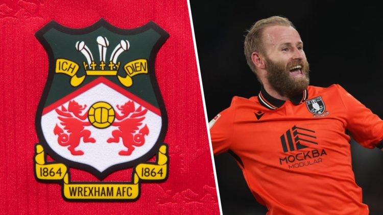 Split image of the official club badge of Wrexham AFC on a home shirt, and Barry Bannan celebrating a goal for Sheffield Wednesday.