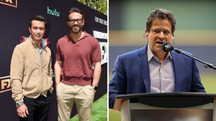 A split image of Wrexham's Rob McElhenney and Ryan Reynolds (L) and Milwaukee Brewers owner Mark Attanasio (R)