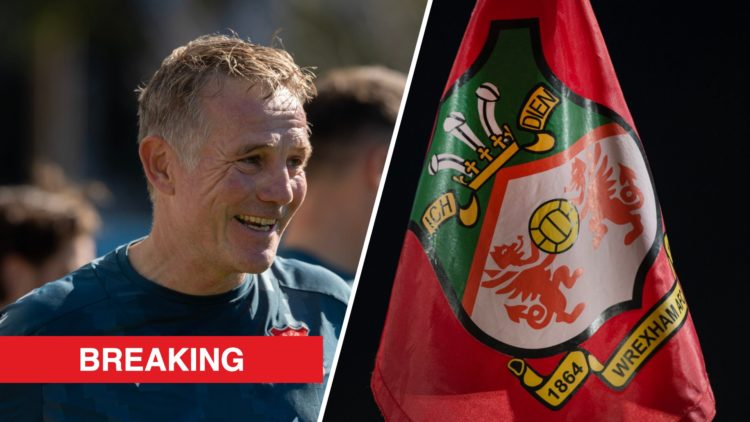A split image of Wrexham boss Phil Parkinson smiling (L) and the Wrexham corner flag on show against Woking (R)