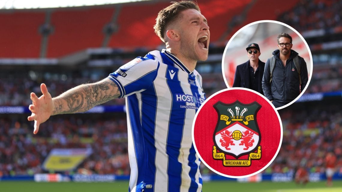 Former Sheffield Wednesday star Josh Windass. Inset, Wrexham badge and Wrexham owners Rob McElhenney and Ryan Reynolds.