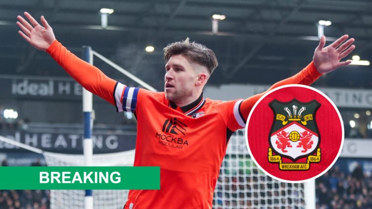 Former Sheffield Wednesday star Josh Windass. Inset, Wrexham badge. Overlaid, breaking news banner.