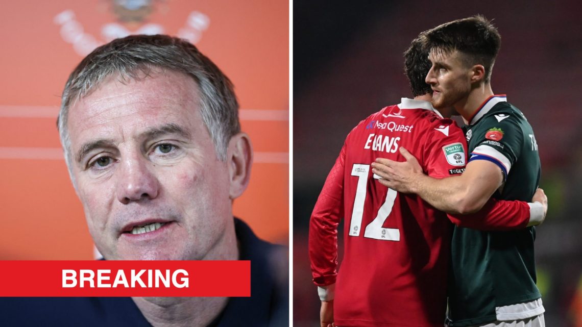 A split image of Wrexham boss Phil Parkinson (L) and Bolton Wanderers midfielder George Thomason hugging Wrexham's George Evans (R)