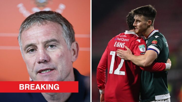 A split image of Wrexham boss Phil Parkinson (L) and Bolton Wanderers midfielder George Thomason hugging Wrexham's George Evans (R)