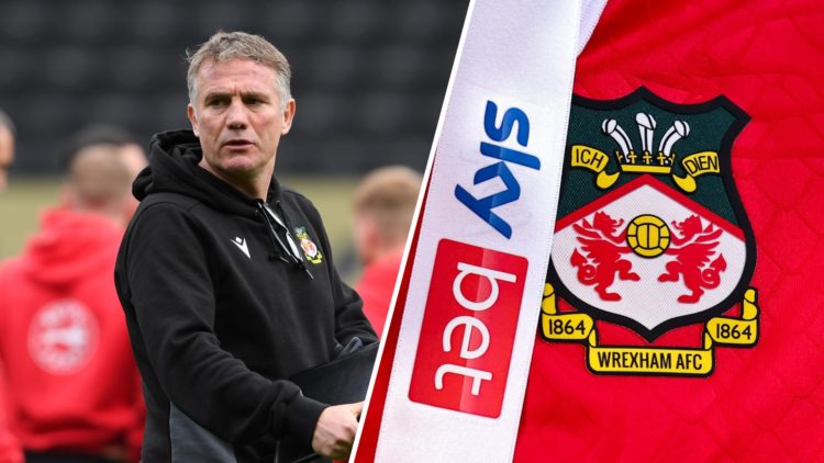 A split image of Wrexham boss Phil Parkinson (L) and the Wrexham crest on a red home shirt (R)