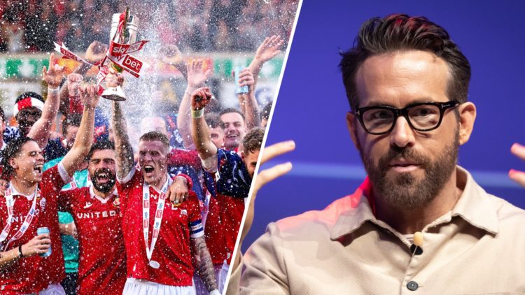 A split image of Wrexham players celebrating promotion (L) and Wrexham co-chairman Ryan Reynolds (R)