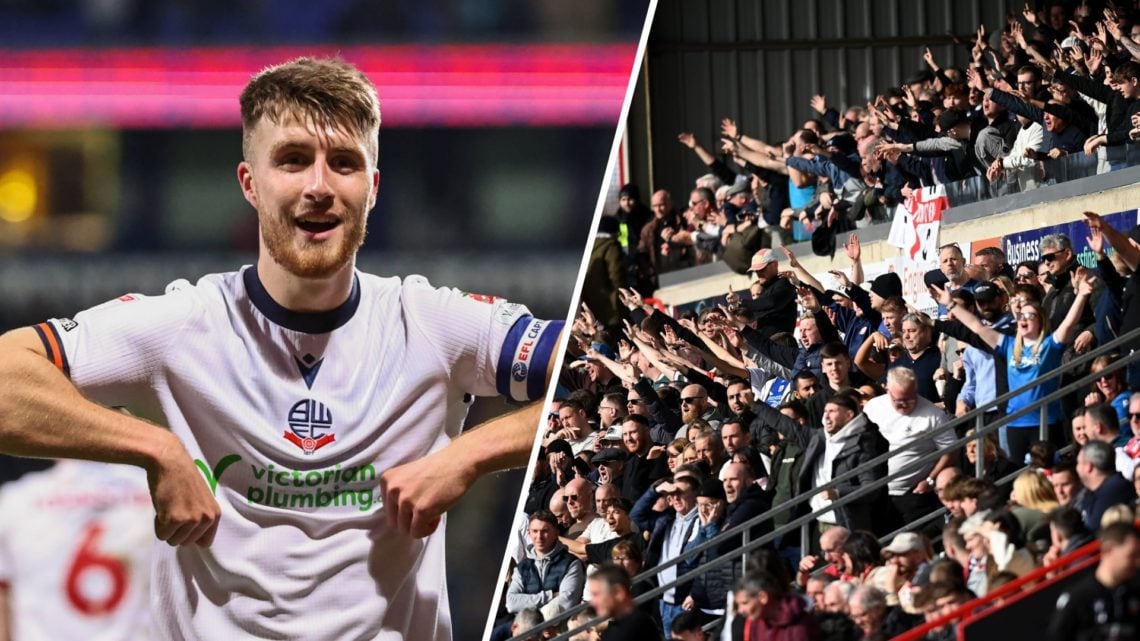 A split image of Bolton Wanderers midfielder George Thomason (L) and Bolton Wanderers fans at Wrexham (R)