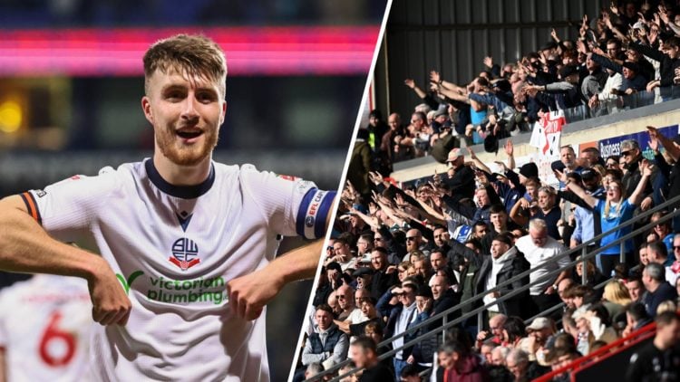 A split image of Bolton Wanderers midfielder George Thomason (L) and Bolton Wanderers fans at Wrexham (R)