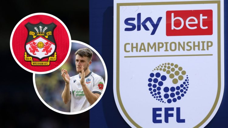 The official logo of the EFL Championship. Inset George Thomason in action for Bolton Wanderers, and the official club badge of Wrexham AFC.