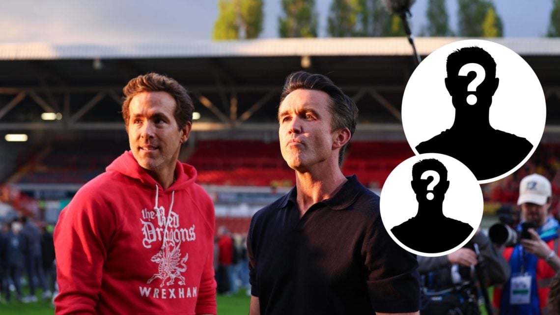 Wrexham owners Ryan Reynolds and Rob McElhenney. Inset, two mystery player graphics.