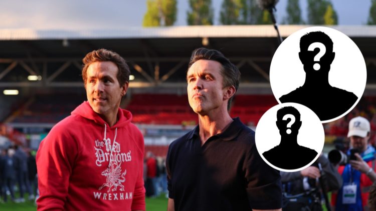 Wrexham owners Ryan Reynolds and Rob McElhenney. Inset, two mystery player graphics.