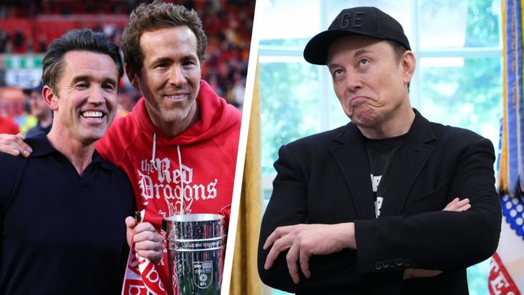 Split image of Wrexham co-owners Ryan Reynolds and Rob Mac celebrating promotion to the Championship, and Elon Musk in the White House.
