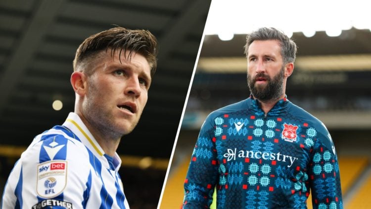 A split image showing Sheffield Wednesday's Josh Windass (L) and Wrexham striker Ollie Palmer warming up (R)