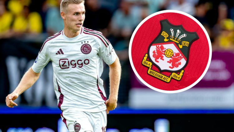 Ajax midfielder Sivert Mannsverk during a game. Inset a picture of the official club badge of Wrexham.