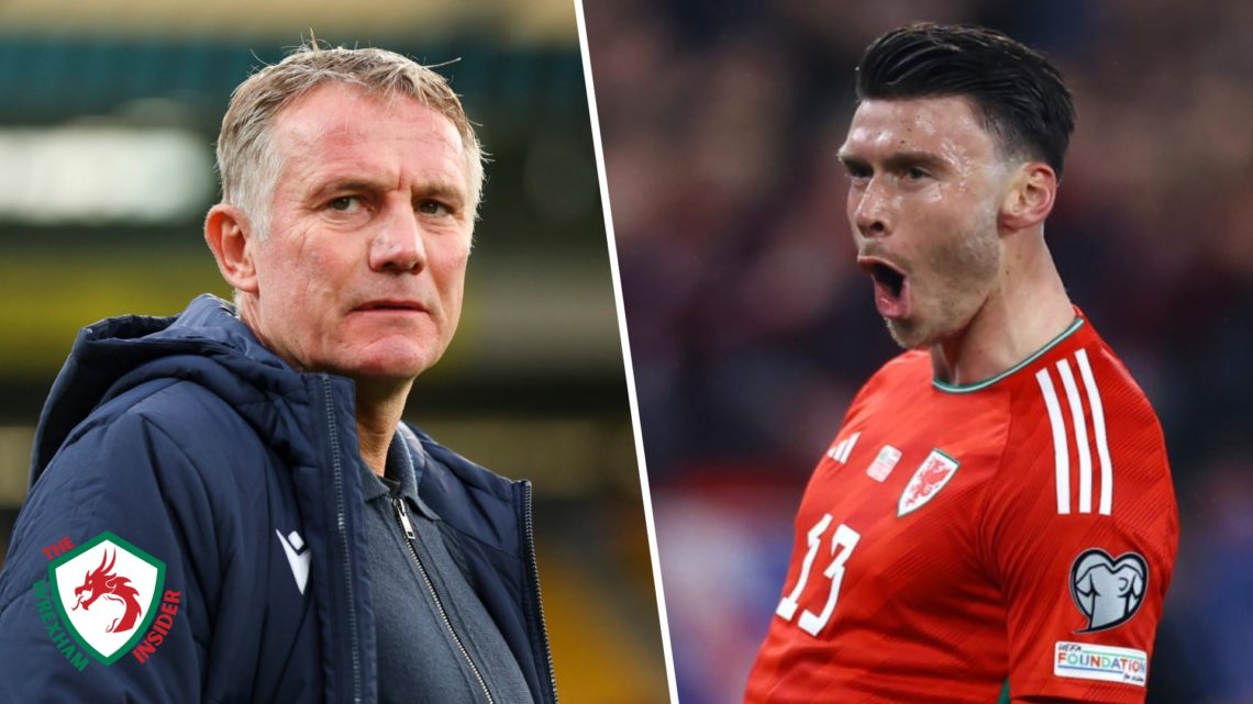 Split image of Wrexham manager Phil Parkinson (L) and Wales striker Kieffer Moore (R)