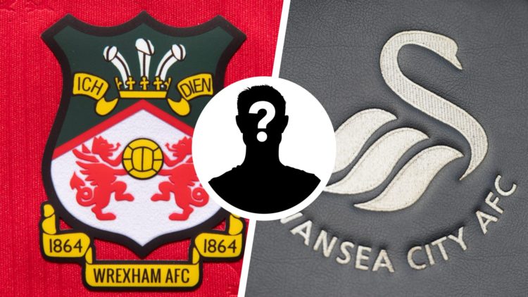 Split image of the official club badges of Wrexham AFC and Swansea City. Inset a picture of a mystery player.
