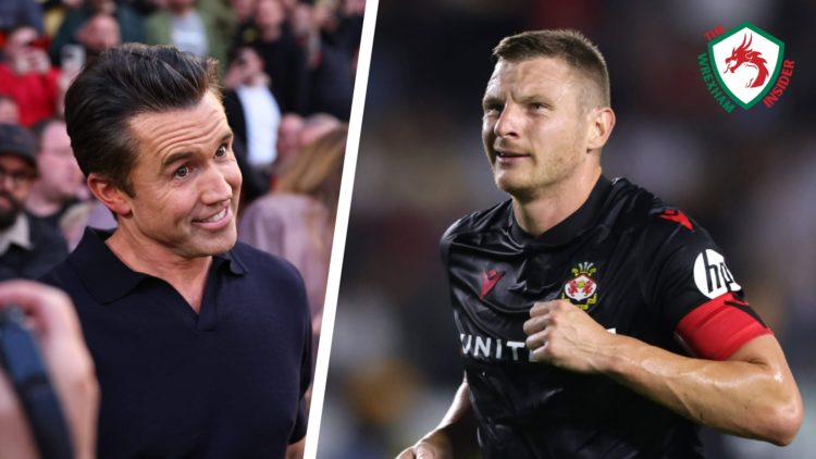 Split image of Wrexham co-owner and Wrexham striker Paul Mullin during a game.