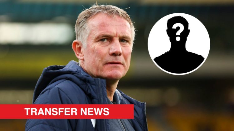 Wrexham boss Phil Parkinson looks on. Inset, a mystery player icon and a red banner with 'transfer news' in white text.