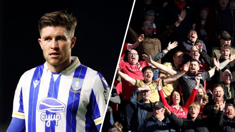 A split image of Sheffield Wednesday attacker Josh Windass (L) and Wrexham fans at Wycombe Wanderers (R)