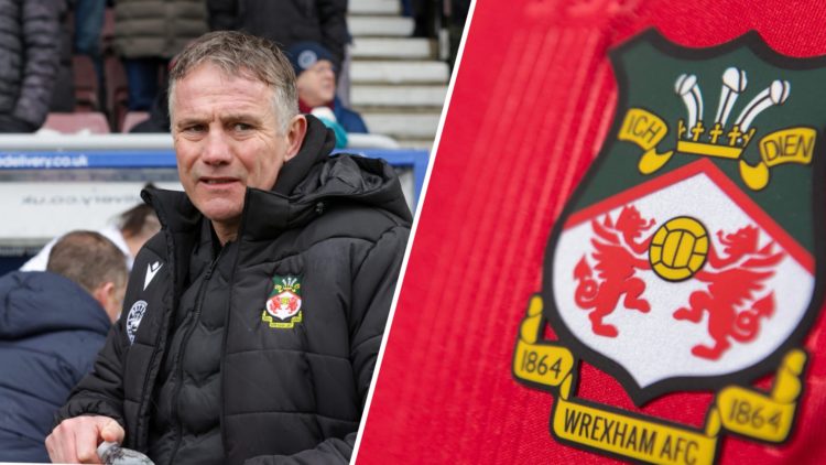 A split image of Wrexham boss Phil Parkinson (L) and the Wrexham crest on a red home shirt (R)