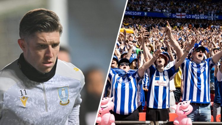 A split image of Sheffield Wednesday forward Josh Windass (L) and Sheffield Wednesday fans at Wembley Stadium (R)