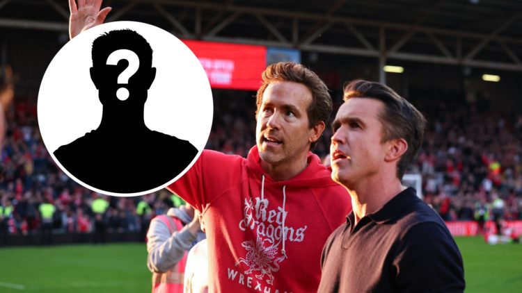 Ryan Reynolds and Rob McElhenney after Wrexham AFC v Charlton Athletic FC. Inset a picture of a mystery players.
