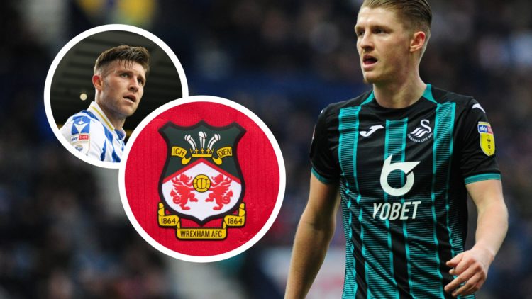 Swansea City player George Byers during a Championship game. Inset a picture of the official club badge of Wrexham AFC and Sheffield Wednesday stri...