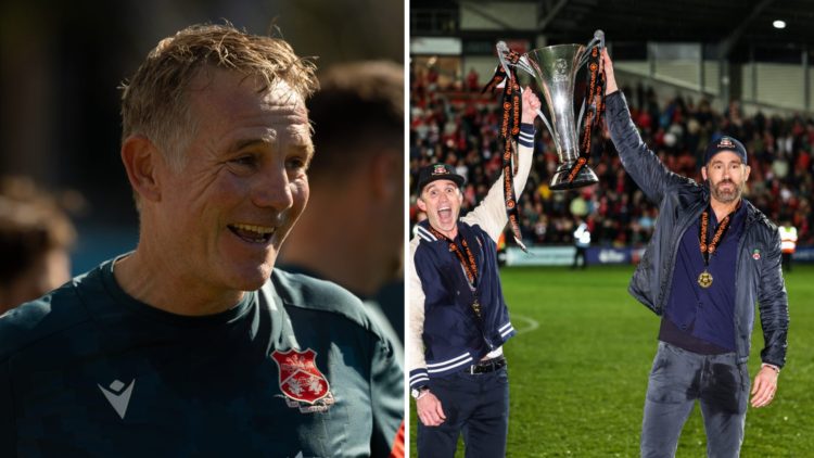 Ryan Reynolds and Rob McElhenney with the Vanarama National League Trophy as Wrexham celebrate promotion back to the English Football League. Head ...