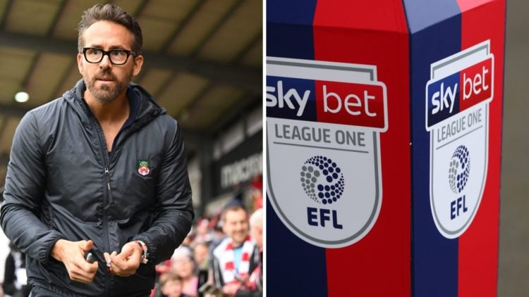 Ryan Reynolds walks pitch-side ahead of the English National League football match between Wrexham and Boreham Wood. Detailed view of the SkyBet Le...