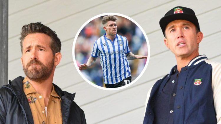Wrexham co-owners Ryan Reynolds and Rob McElhenney sitting in the stands. Inset a picture of Sheffield Wednesday striker Josh Windass.