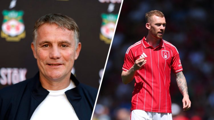 Wrexham boss Phil Parkinson (L) and Nottingham Forest midfielder Lewis O'Brien (R)