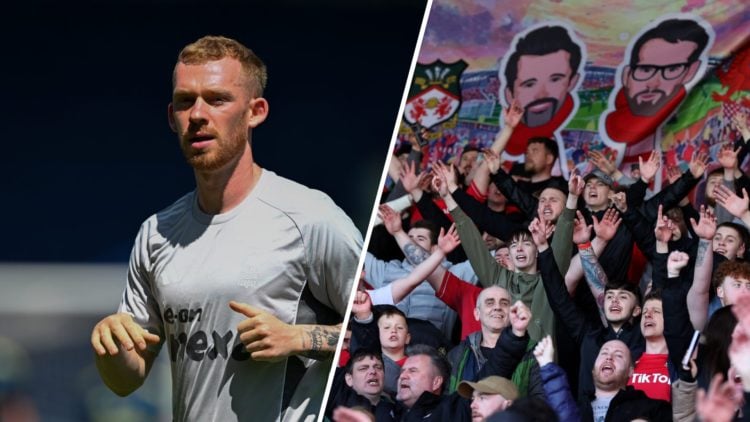 A split image of Nottingham Forest midfielder Lewis O'Brien in action against Chesterfield (L) and Wrexham fans celebrating (R)