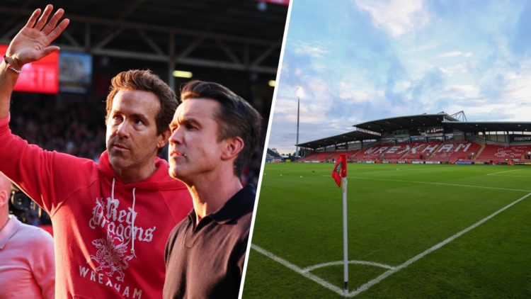 Rob McElhenney and Ryan Reynolds co-owners of Wrexham (left), A general interior view of the 'Fourth Wall' temporary Kop stand and main stand at ST...
