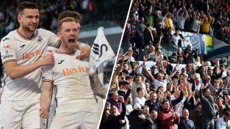 A split image of Lewis O'Brien celebrating for Swansea City (L) and Swansea City fans (R)